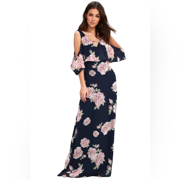 LULUS The Very Thought of You Navy Blue Floral Print Maxi Dress Gown Size M Rose - Picture 14 of 14